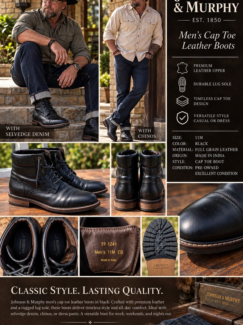 Johnston & Murphy Black Leather Cap Toe Boots | Men’s 11M | Heritage Style